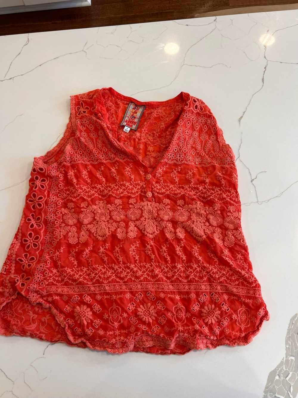 Johnny Was Red Lace-Trim Sleeveless Embroidered Camisole
